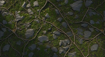 Overhead view of dark grey rocks vibrant green moss and winding brown roots on natural ground