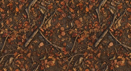 Overhead view of dirt ground with scattered brown and orange fallen leaves and numerous dry branches