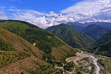 Talgar Gorge, a scenic mountainous area with varied vegetation, located in the Tian Shan range.