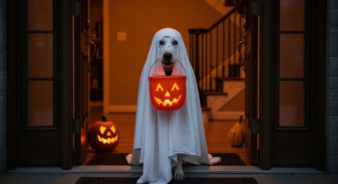 A canine dressed as a ghost holding a jack o lantern bucket at a doorway frame