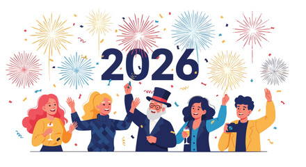 Fototapeta premium Excited People Gather to Celebrate New Year 2026 Under a Sky of Fireworks