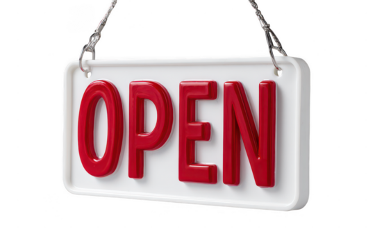 The red open sign hanging with chains isolated on transparent background