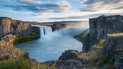Majestic Waterfall Cascading Over Basalt Cliffs In Iceland