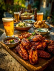 Delicious BBQ Chicken Wings with Beer and Snacks on Rustic Wooden Table