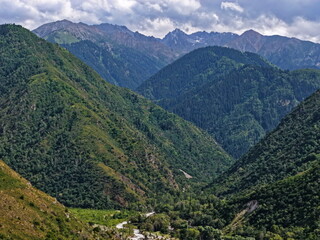 Talgar Gorge, a scenic mountainous area with varied vegetation, located in the Tian Shan range.