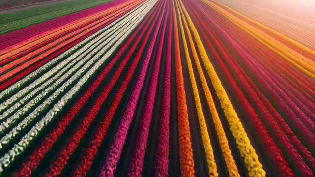 Aerial View of Vibrant Tulip Fields with Light Reflections and Dynamic Camera Motion