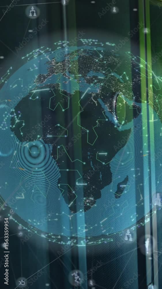 Poster animation of globe with connections over computer server