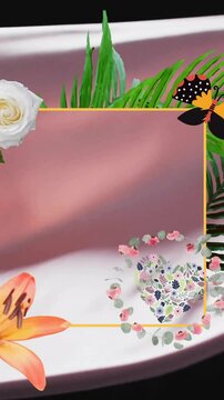 Animation of frame with flowers over floating cloth on black background