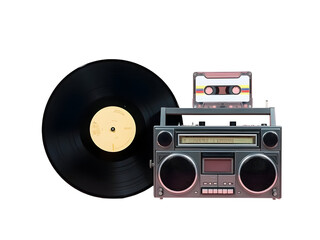 Fototapeta premium Black Vinyl Record Beside Grey Cassette Tape Player and Audio Cassette isolated on a transparent background