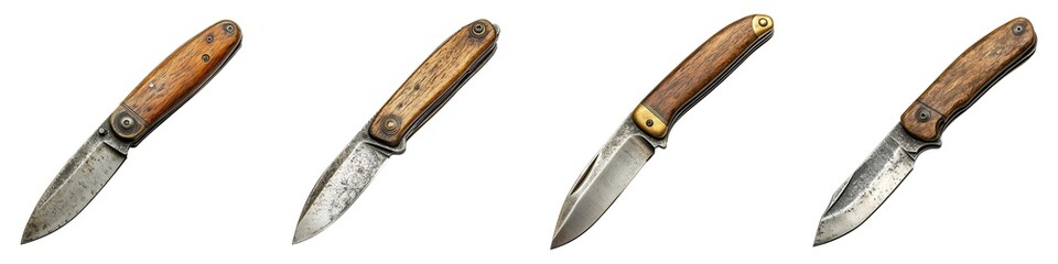 Obraz premium Set of Antique Folding Pocket Knives with Wooden Handles and Aged Blades Isolated on Transparent Background