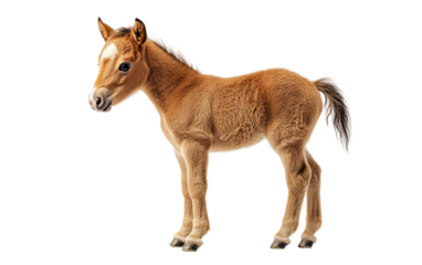 Graceful baby horse foal standing tall showcasing soft brown coat and youthful elegance isolated on transparent background PNG