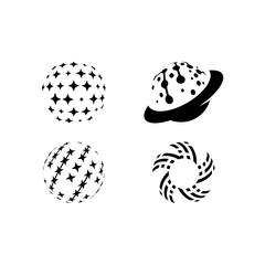 A collection of 4 black-and-white abstract icons resembling futuristic planets, galaxies, and spherical tech forms. These unique space-themed designs feature elements like stars, rings, circuits, and 