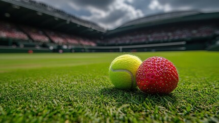 Tennis balls and strawberries on a grassy court