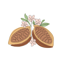 One continuous one line drawing of chocolate or cocoa beans, leaves and flowers  isolated on transparent background. Editable stroke. Hand drawn Vector illustration for World Chocolate Day design
