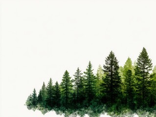 Serene Green Forest Landscape with Pine Trees and Soft Dreamy Fog on White Background for Nature and Conservation Themes