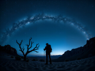 Fototapeta premium A person admiring the starry sky and Milky Way in a desert at night, ideal for adventure and space visuals. Generative AI