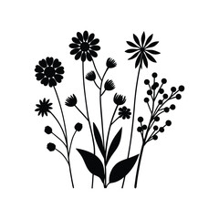 Silhouette Floral Arrangement Black and White Wildflower Illustration.Black and white floral illustration. A simple, elegant, and stylized flower bouquet, showcasing a clean, minimalist design.
