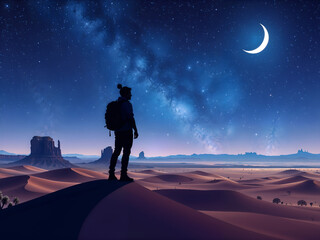 Fototapeta premium A man standing under the Milky Way galaxy at night, perfect for astronomy, travel, and exploration themes. Generative AI