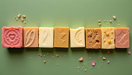 flat lay of natural soaps lined horizontally on soft green
