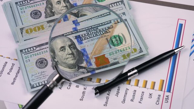 A stack of American dollars is examined through a magnifying glass. Slow motion.