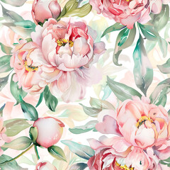 Floral watercolor seamless pattern with peonies flowers and green leaves, Peony on white background