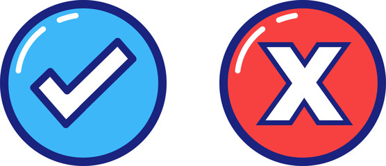 green and red tick and cross button, vector symbol on transparent background.