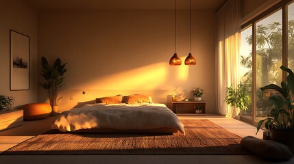 Spacious bedroom with minimalist aesthetic, earth-toned rug, pendant lights, and ambient morning sunlight