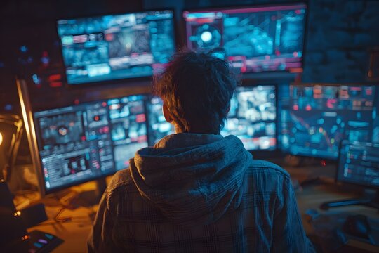 Cybersecurity expert monitoring a threat detection dashboard, cybersecurity concept - Powered by Adobe