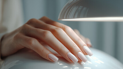 Elegant female hands with manicured nails resting under LED nail curing lamp in a serene beauty salon