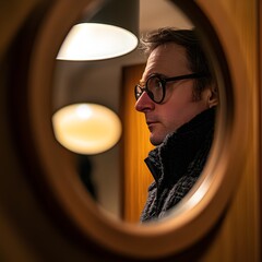 Man gazing out the window in soft night light