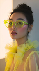 Captivating young woman in bold yellow fashion and striking neon green eyewear
