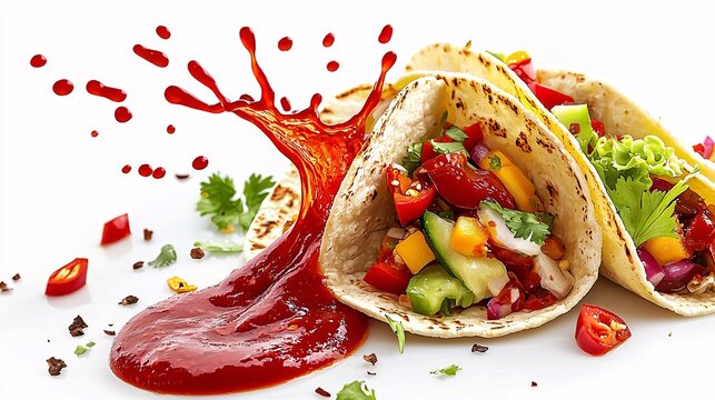 Sweet chili sauce splashing onto a taco, the vibrant red contrast with fresh vegetables and tortillas, isolated on a white background,