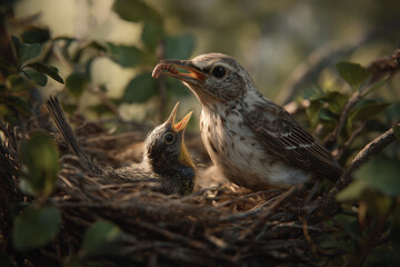mother bird is feeding her chicks in the nest