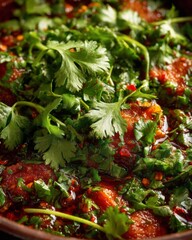 Fototapeta premium Close Up of Spicy Red Meat Dish with Cilantro Garnish