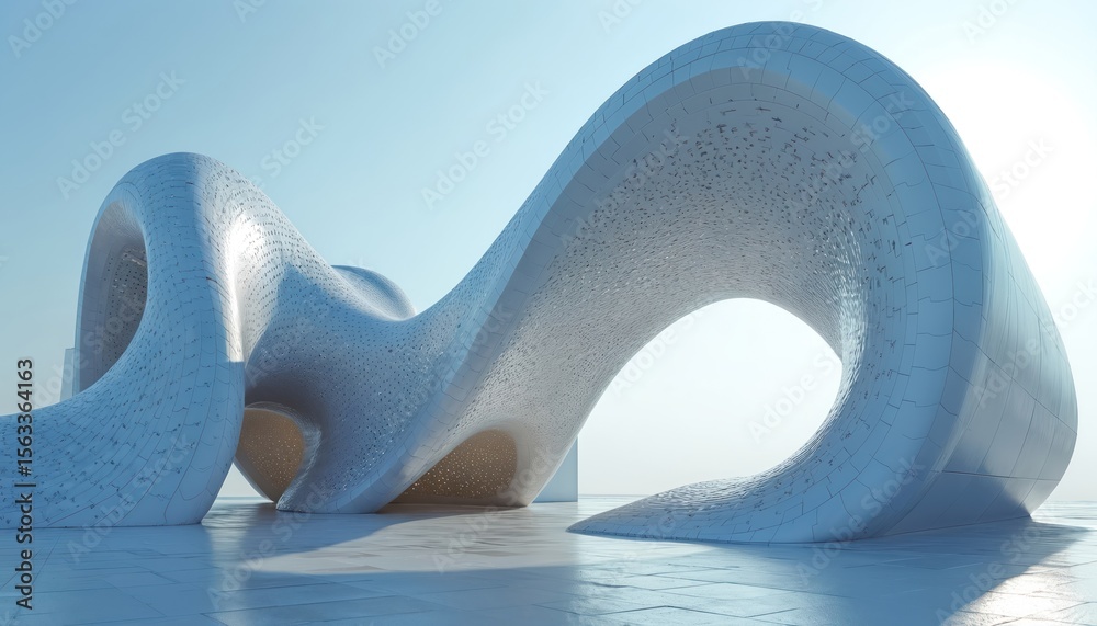 Poster futuristic architecture innovative design. metal structure features wave curve shape, minimalism. ge