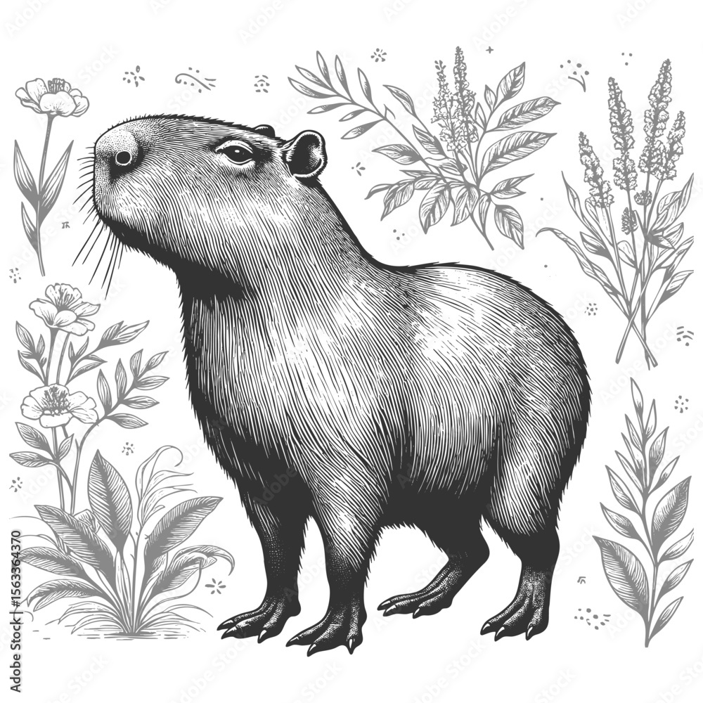 Wall mural capybara sketch engraving generative ai fictional character vector illustration. scratch board imita