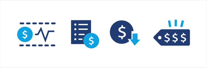Set of blue financial and shopping icons with dollar signs, price tags, discounts, charts, invoices, and calculators. Business and commerce UI elements for web, app, banner, and print design.