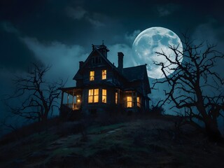 Fototapeta premium Haunted House on Hill with Fog and Full Moon in Spooky Night