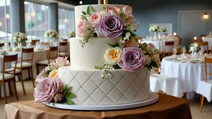 Elegant wedding cake adorned with fresh flowers in a beautifully decorated venue during a joyful celebration