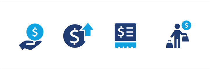 Set of blue financial and shopping icons with dollar signs, price tags, discounts, charts, invoices, and calculators. Business and commerce UI elements for web, app, banner, and print design.