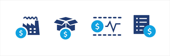 Set of blue financial and shopping icons with dollar signs, price tags, discounts, charts, invoices, and calculators. Business and commerce UI elements for web, app, banner, and print design.