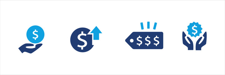 Obraz premium Set of blue financial and shopping icons with dollar signs, price tags, discounts, charts, invoices, and calculators. Business and commerce UI elements for web, app, banner, and print design.