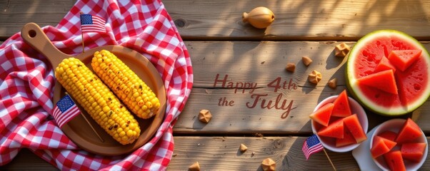 flat lay background for 4th of july with traditional picnic elements like red gingham cloth