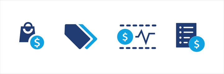 Set of blue financial and shopping icons with dollar signs, price tags, discounts, charts, invoices, and calculators. Business and commerce UI elements for web, app, banner, and print design.