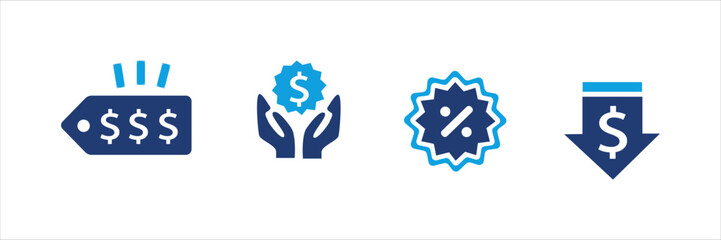 Set of blue financial and shopping icons with dollar signs, price tags, discounts, charts, invoices, and calculators. Business and commerce UI elements for web, app, banner, and print design.