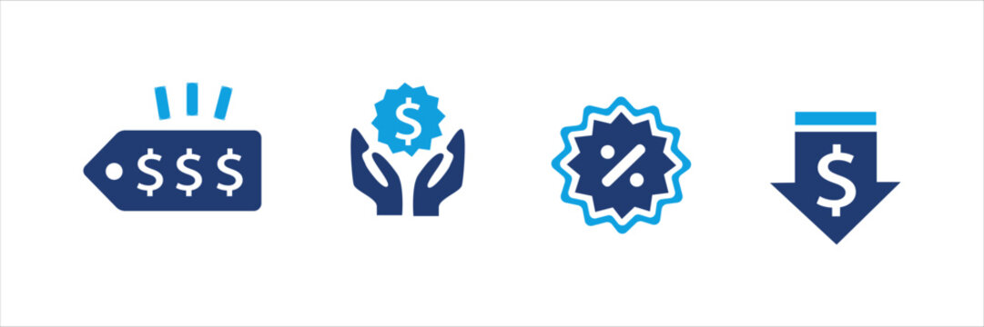 Set of blue financial and shopping icons with dollar signs, price tags, discounts, charts, invoices, and calculators. Business and commerce UI elements for web, app, banner, and print design.