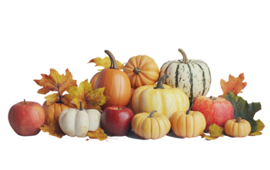 Seasonal fall arrangement with colorful mini pumpkins showcasing warm harvest celebration themes isolated on transparent background PNG