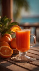 Fototapeta premium Orange Juice in a Glass on Wooden Table