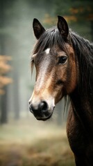 Obraz premium Majestic brown horse standing in a misty forest during a calm afternoon surrounded by nature