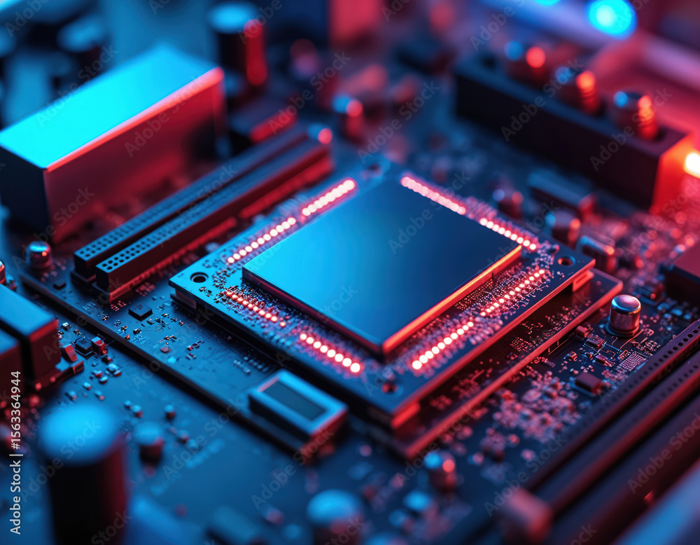 Leinwandbilder Close-up tech photo of computer motherboard, microprocessor with led lights. Innovation in field of technology, high performance, data processing. Electronic circuit board components with network
